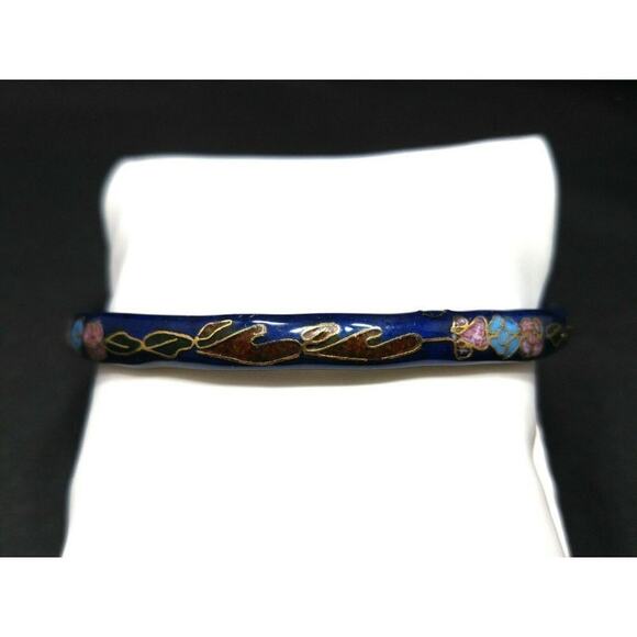 Vintage Cloisonné Bangle Bracelet, Blue Pink Floral Enamel, Asian 1960s, 8 3/4" - Picture 10 of 12